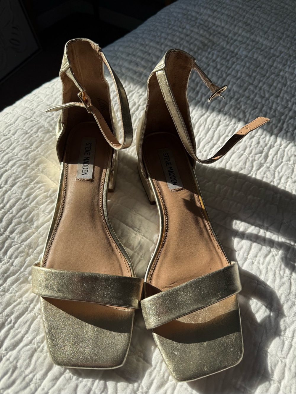 Steve Madden Metallic Gold Ankle-Strap Block Heels